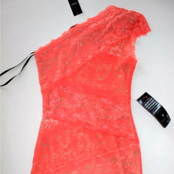 Bebe One Shoulder Lace Bandage Bodycon Dress S Bright Coral Pink NWT - Picture 13 of 14
